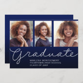 卒業式3フォトスクエレガントリプトパーティーネイビーブルー 招待状 (正面/裏面)