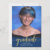 卒業式3フォトネイビーモダン金ゴールドグリッタースクリプト 案内状 (正面)