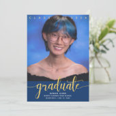 卒業式3フォトネイビーモダン金ゴールドグリッタースクリプト 案内状 (スタンド正面)