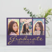 卒業式3フォトモダン金ゴールドタイポグラフィスクリプトP 案内状 (スタンド正面)