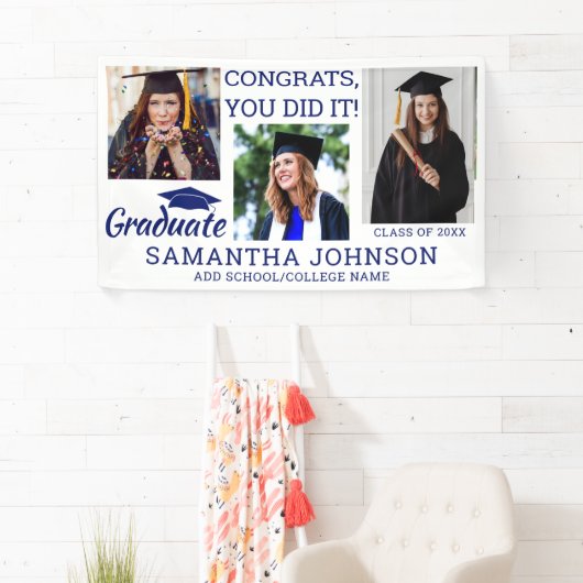 卒業式3写真おめでとうGrad 2025ブルーホワイト 横断幕 (インサイチュ)