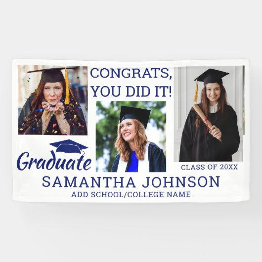 卒業式3写真おめでとうGrad 2025ブルーホワイト 横断幕 (横)