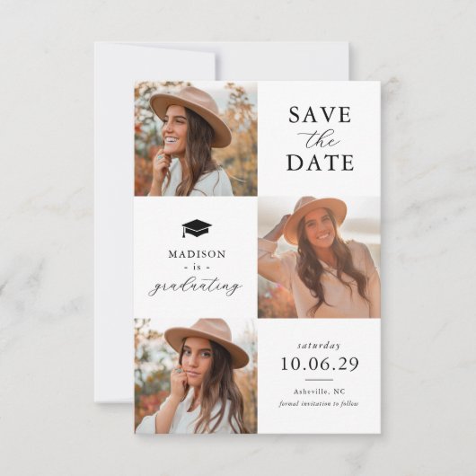 卒業式3枚の写真 保存日付カード セーブザデート (正面)