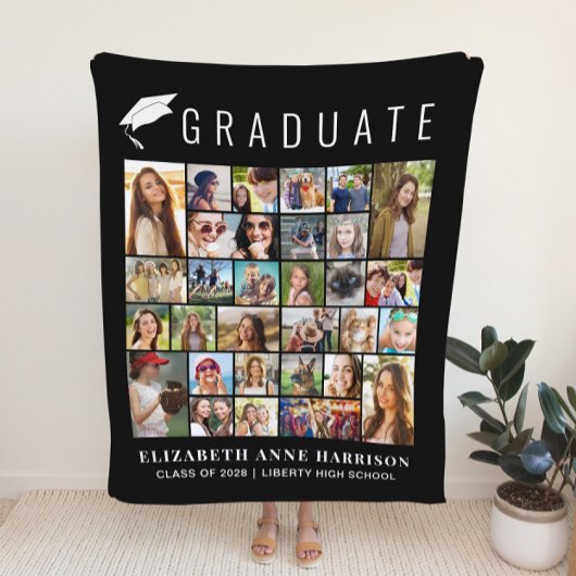 卒業式30フォトコラージュブラック フリースブランケット