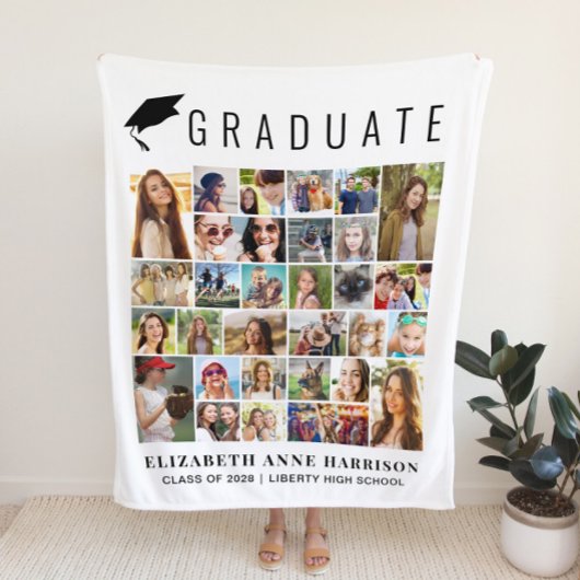 卒業式30フォトコラージュホワイト フリースブランケット