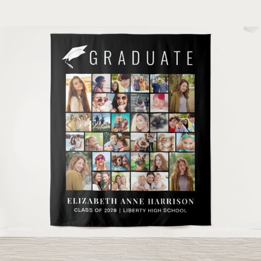 卒業式30枚の写真 黒の写真ブース背景 タペストリー (正面)
