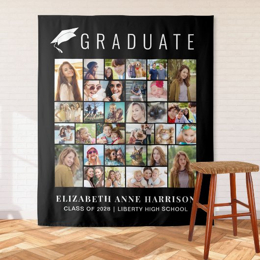 卒業式30枚の写真 黒の写真ブース背景 タペストリー