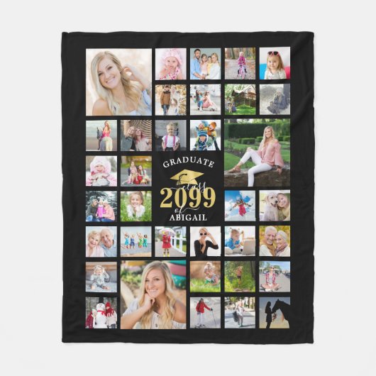 卒業式35フォトコラージュCLASS YEARブラック フリースブランケット (正面)