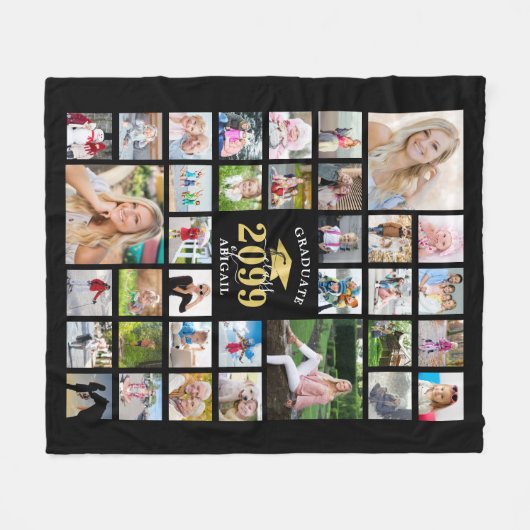 卒業式35フォトコラージュCLASS YEARブラック フリースブランケット (正面(横))