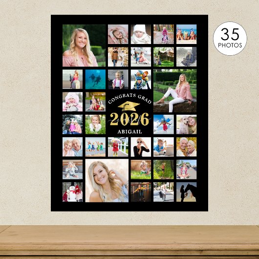 卒業式35フォトコラージュCLASS YEARブラック ポスター