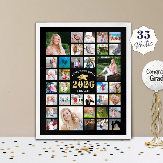 卒業式35フォトコラージュCLASS YEARブラック ポスター