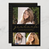 卒業式3-Photoコラージュ名門私立校風の金ゴールドスクリプト 案内状 (正面/裏面)