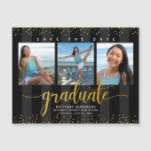 卒業式3 Photo Black金ゴールド日付の保存モダン マグネット招待状 (正面)