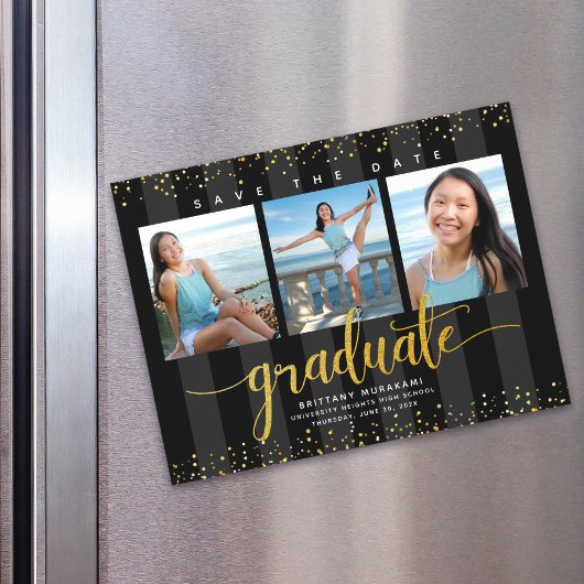卒業式3 Photo Black金ゴールド日付の保存モダン マグネット招待状