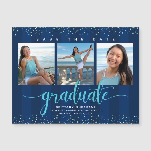 卒業式3 Photo Navy Blue日付の保存モダン マグネット招待状 (正面)