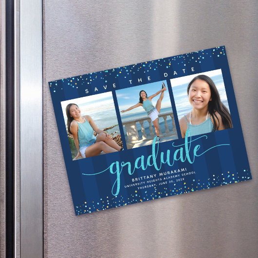 卒業式3 Photo Navy Blue日付の保存モダン マグネット招待状