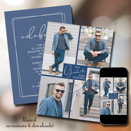 卒業式4フォトコラージングブルーパーティー 招待状