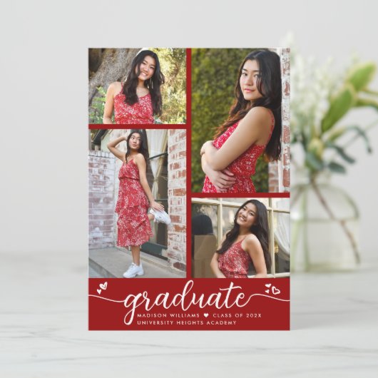 卒業式4写真モダン書道ハート赤 案内状 (スタンド正面)