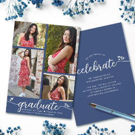 卒業式4写真モダン書道ハート青 案内状