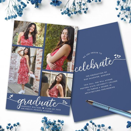 卒業式4写真モダン書道ハート青 案内状