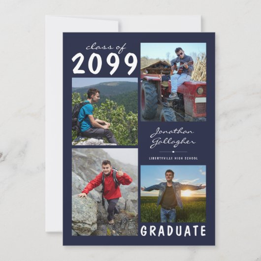 卒業式4写真手書き名 |ネイビー&ホワイト 案内状 (正面)