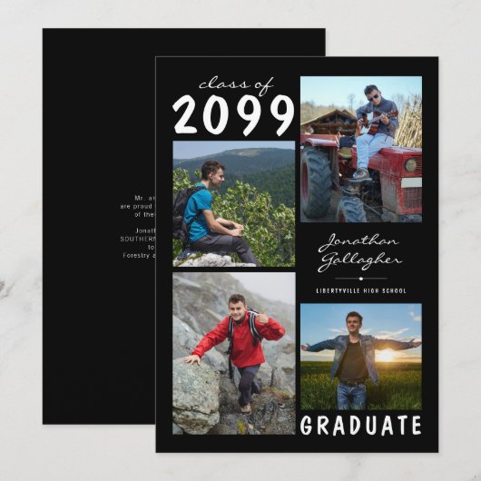 卒業式4写真手書き名 |白黒 案内状 (正面/裏面)