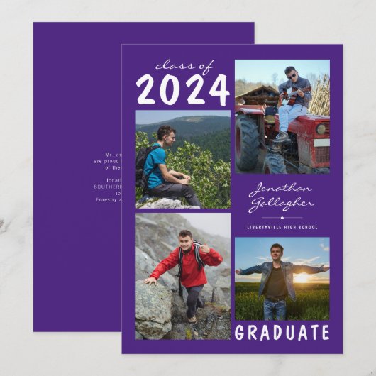 卒業式4写真手書き名 |紫（白） 案内状 (正面/裏面)