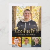 卒業式4枚の写真 ゴールドの手書きブラック 招待状 (正面)