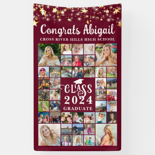 卒業式42フォトコラージュマルーン学年 横断幕 (縦)