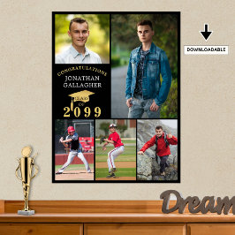 卒業式5フォトコラージュブラック金ゴールドキャップ ポスター