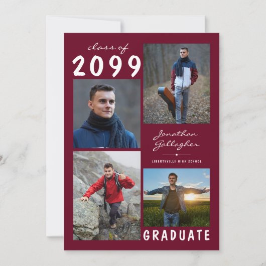 卒業式5写真手書きブルゴーニュ・マルーン 案内状 (正面)