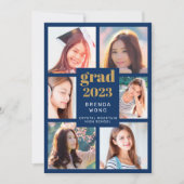 卒業式6フォトコラージュ金ゴールドスクリプト王室のブルー 案内状 (正面)