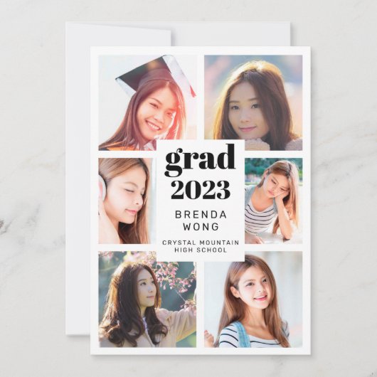 卒業式6フォトコラージュ黒スクリプトホワイト 案内状 (正面)