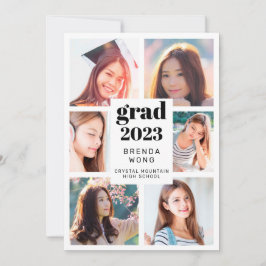 卒業式6フォトコラージュ黒スクリプトホワイト 案内状