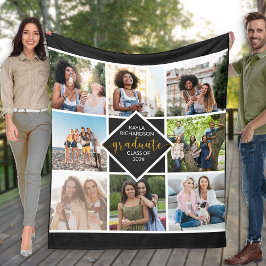 卒業式8フォトグリッドのコラージュ(黒と金ゴールド) フリースブランケット