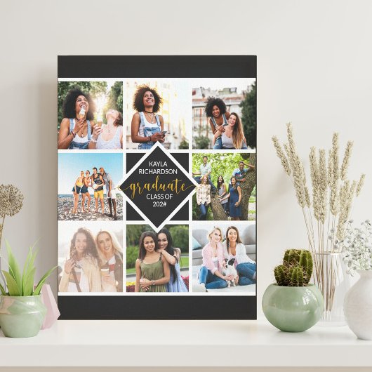 卒業式8フォトコラージーブラック&金ゴールドカスタム キャンバスプリント