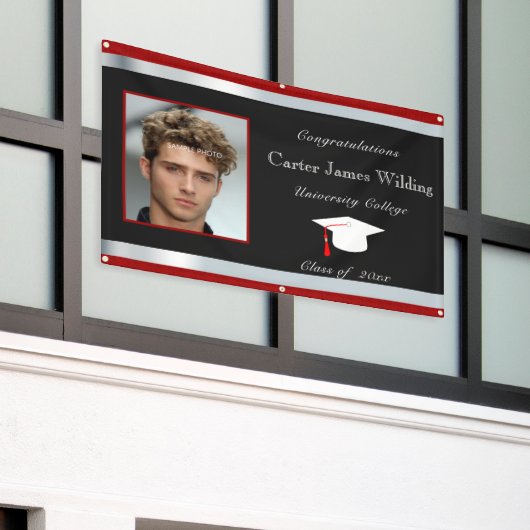 卒業式 キャップ 卒業証書 個人写真 横断幕 (ビルの外側)