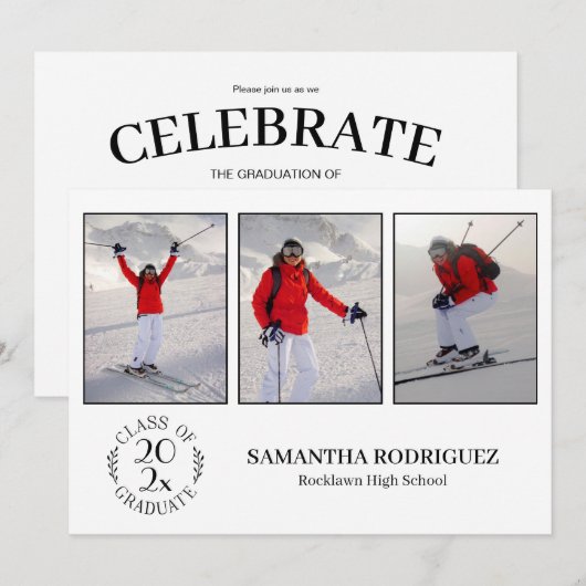 卒業式 クラスオブ グラデュエート3 フォト ホワイト 卒業パーティ 招待状 (正面/裏面)