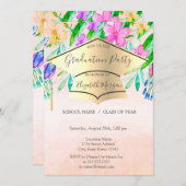 卒業式 ゴールドの卒業帽と春の花 招待状 (正面/裏面)