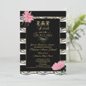 卒業式 ピンクのデイジー ブラックレース 白のストライプ 招待状 (スタンド正面)