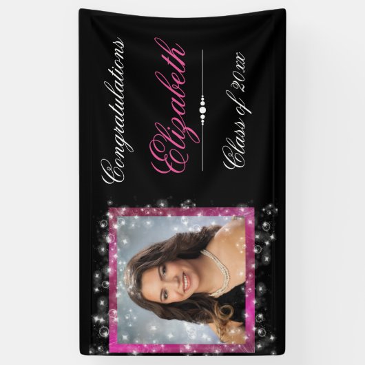 卒業式、フェイクグリッターきらめく、ピンク/カスタム 横断幕 (縦)