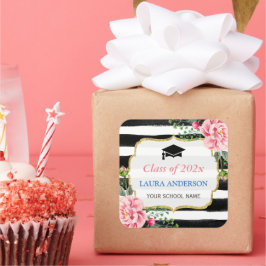 卒業式 フローラル ブラック ホワイト ストライプ スクエアシール