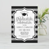 卒業式 - ブラック シルバー ストライプ 招待状 (スタンド正面)