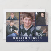 卒業式 マルチ フォト コラージュ ネイビーブルー ミニマリスト 招待状 (正面)