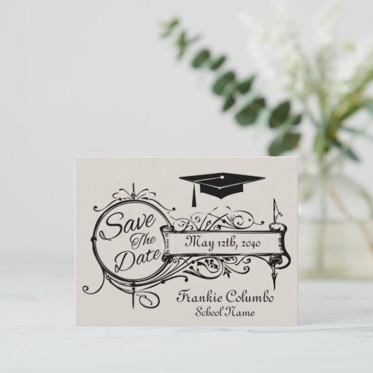 卒業式 保存日付 ポストカード グレー ヴィンテージ (スタンド正面)