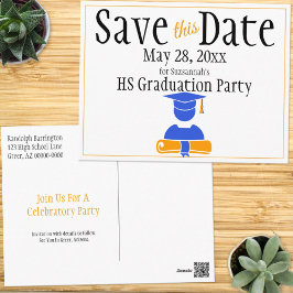 卒業式 保存日付 ミニマリスト ブルー オレンジ ポストカード