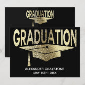 卒業式 保存 日付 現代風 偽ゴールド ブラック 招待状 (正面/裏面)