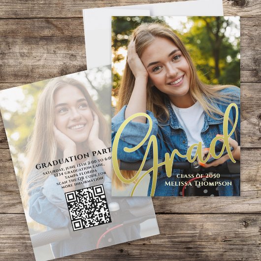 卒業式 卒業 記念 ゴールド 筆記体 | QRコード ウェブサイト 招待状