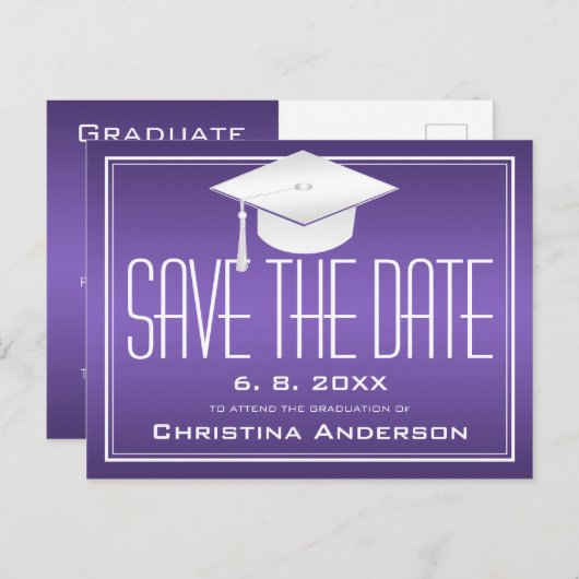 「卒業式」 – 日付のシックな紫のグラッドキャップを保存 案内ポストカード (正面/裏面)