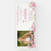 卒業式，水彩，ピンクフラワー，カスタム写真 横断幕 (縦)